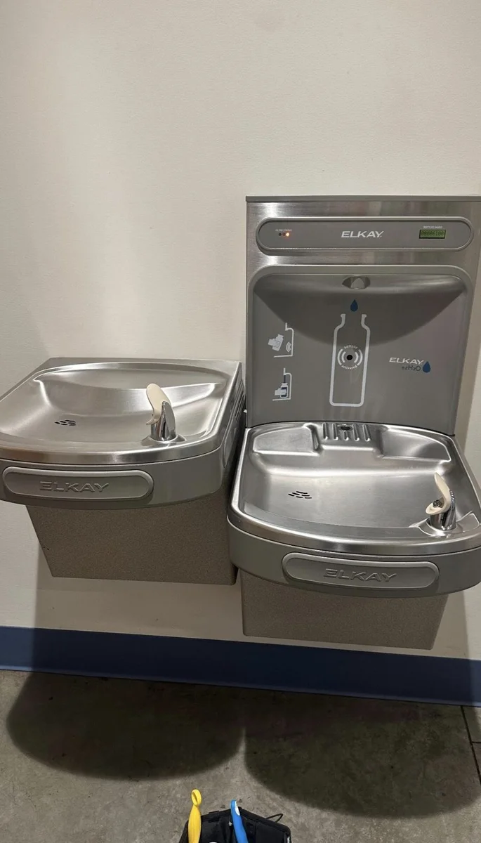 Stainless steel drinking fountains at a job site