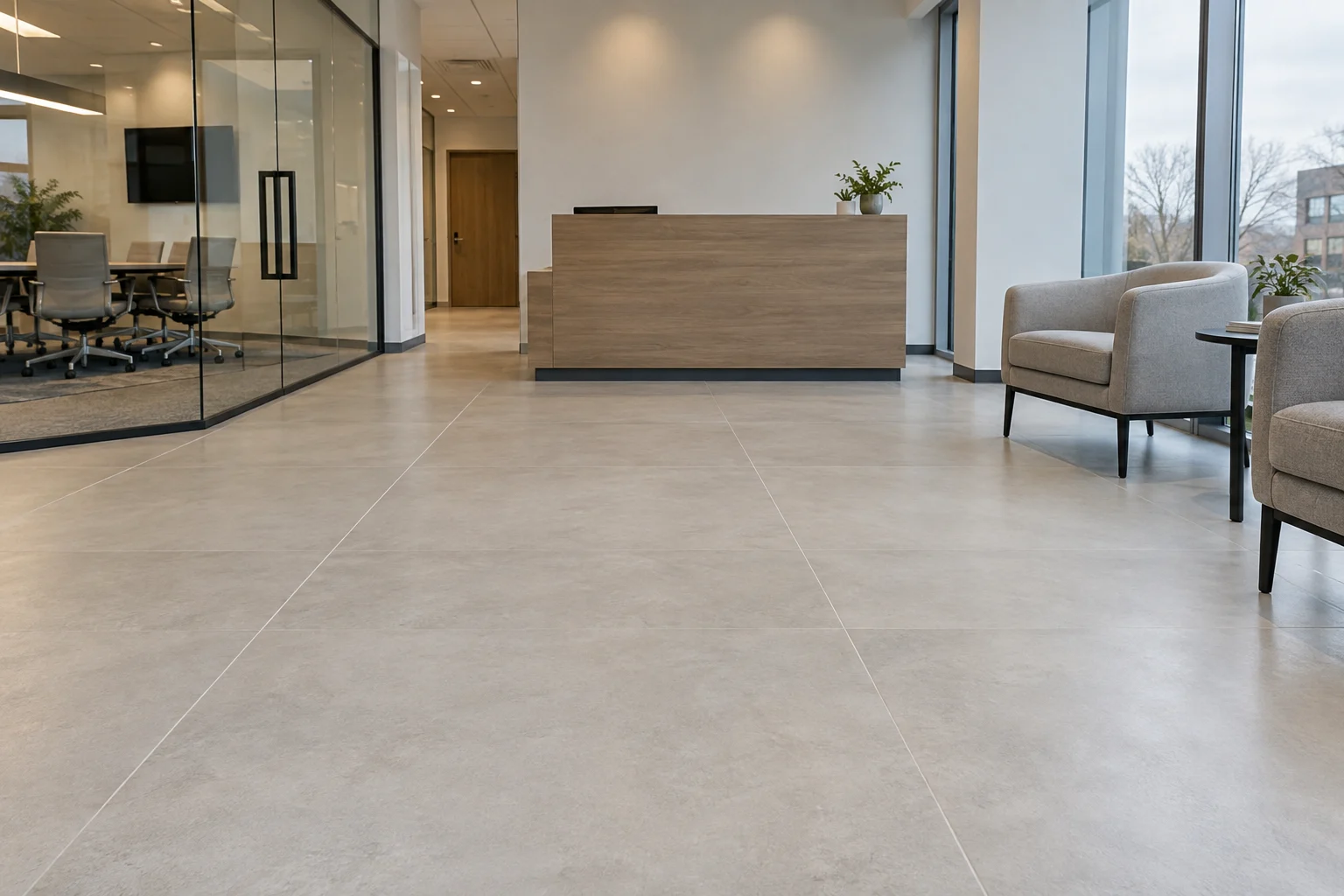 Modern office reception with clean tile flooring