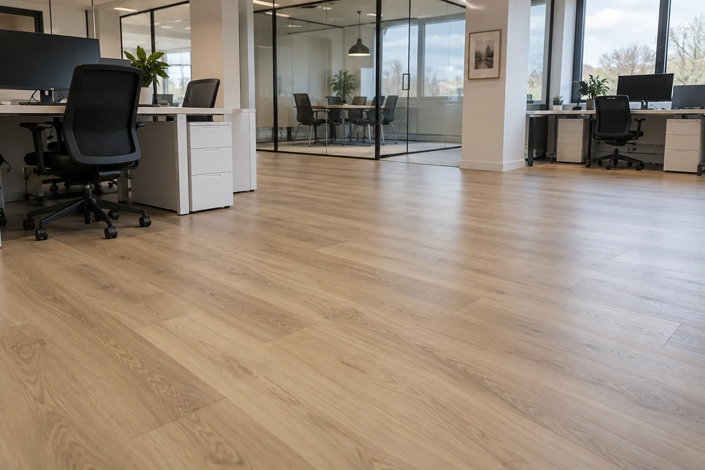 Office workspace with clean wood-look flooring